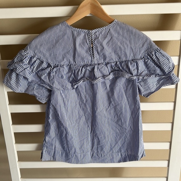 J. Crew Edie Cotton Blue White Pin Stripe Print Pattern Ruffle Blouse Shirt Top - Picture 6 of 13